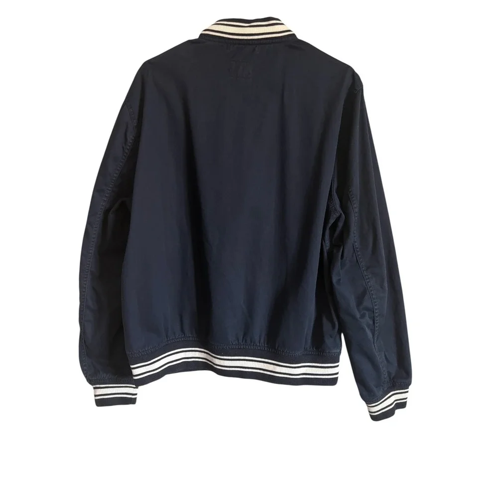 J.Crew Mens Navy Blue Cotton Varsity Bomber Jacket Striped Trim Size L Full Zip